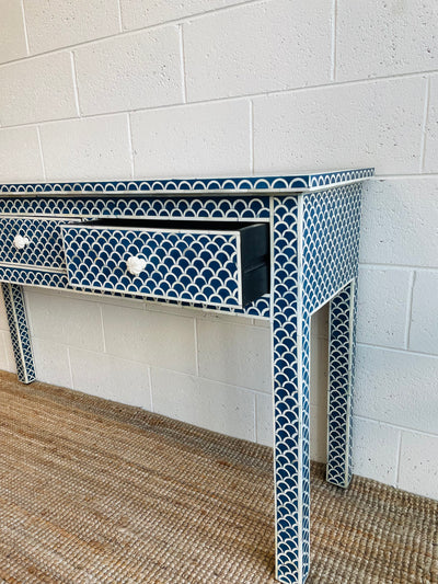 BONE INLAY 3 DRAWER CONSOLE - NAVY BLUE FISHSCALE