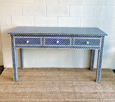 BONE INLAY 3 DRAWER CONSOLE - NAVY BLUE FISHSCALE