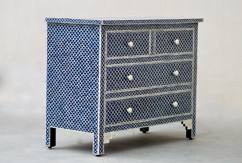 BONE INLAY 4 Chest of DRAWERS - NAVY BLUE FISHSCALE