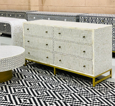 Bone Inlay 6 Drawers Sideboard - Grey Lattice