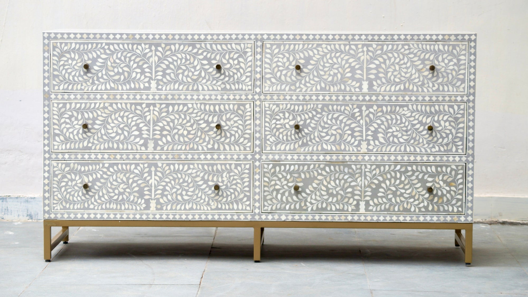 Bone Inlay 6 Drawers - Grey Scroll Vine