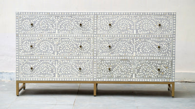 Bone Inlay 6 Drawers - Grey Scroll Vine