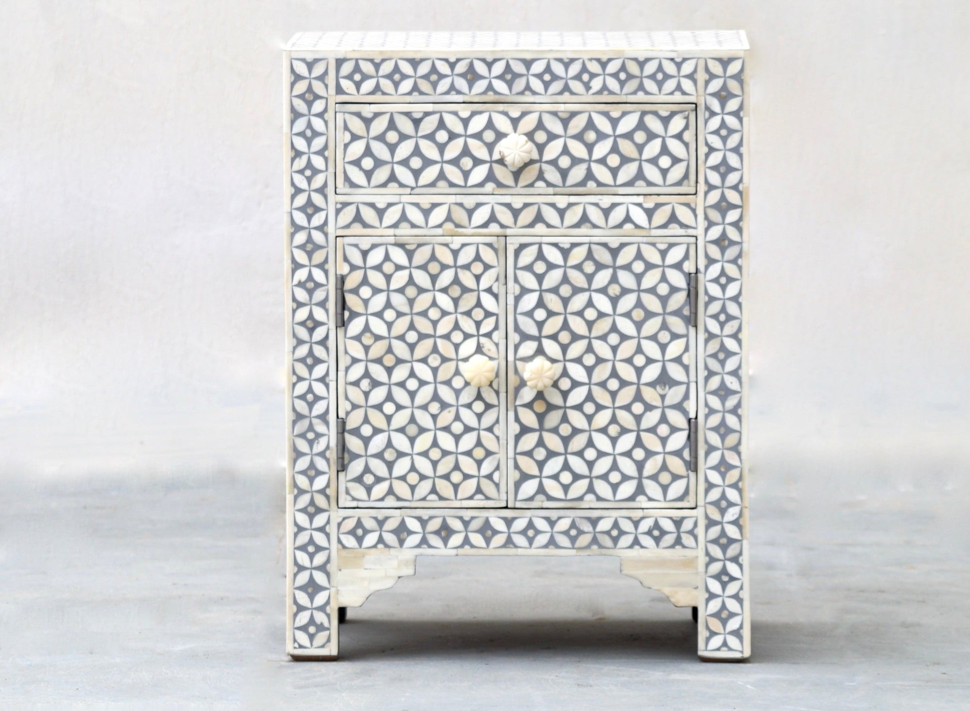 Bone Inlay Bedside Table - Grey Geometric