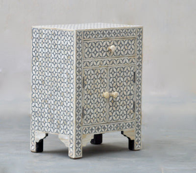 Bone Inlay Bedside Table - Grey Geometric