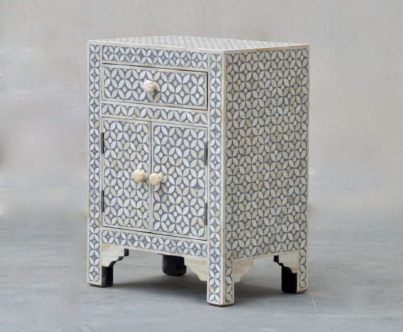 Bone Inlay Bedside Table - Grey Geometric