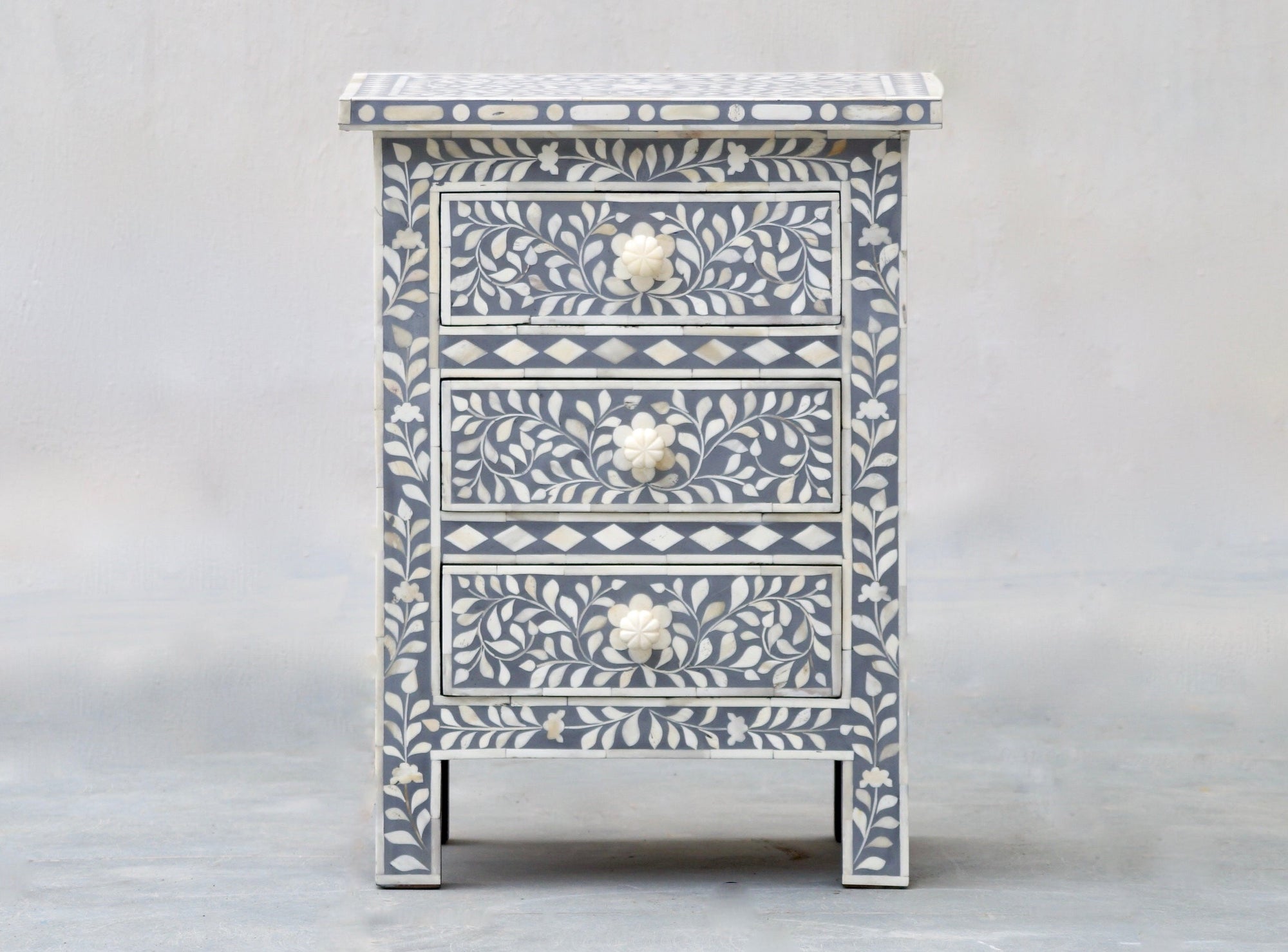 Bone Inlay Bedisde Table - Grey Floral