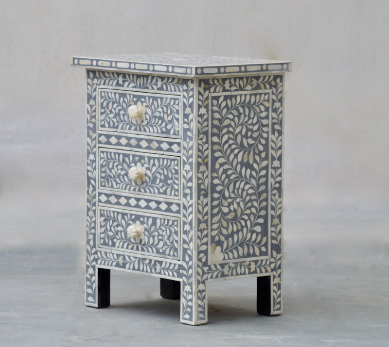 Bone Inlay Bedisde Table - Grey Floral