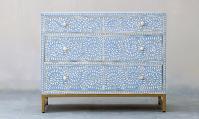 Bone Inlay 3 Drawers - Blue Scroll Vine