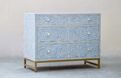 Bone Inlay 3 Drawers - Blue Scroll Vine