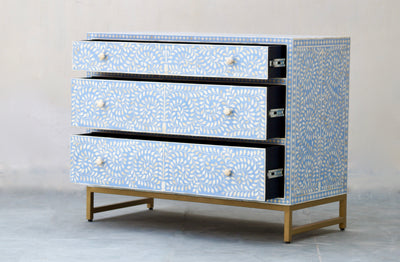 Bone Inlay 3 Drawers - Blue Scroll Vine