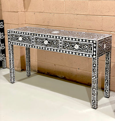 Mother Of Pearl 3 Drawers Console Table - Black Floral