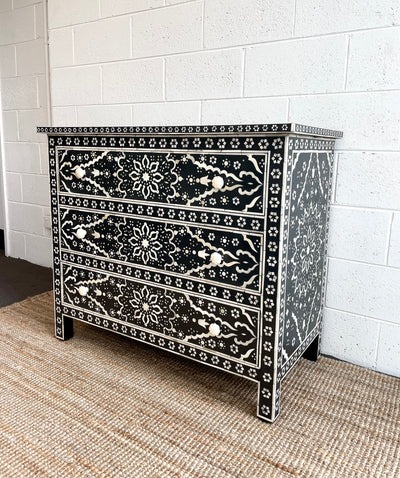 Bone Inlay 3 Drawers Chest - Black Star Floral