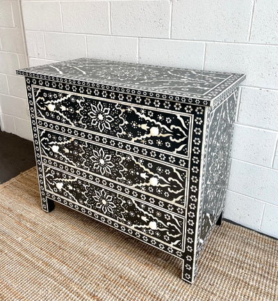 Bone Inlay 3 Drawers Chest - Black Star Floral