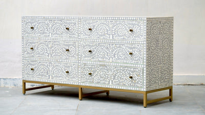 Bone Inlay 6 Drawers - Grey Scroll Vine