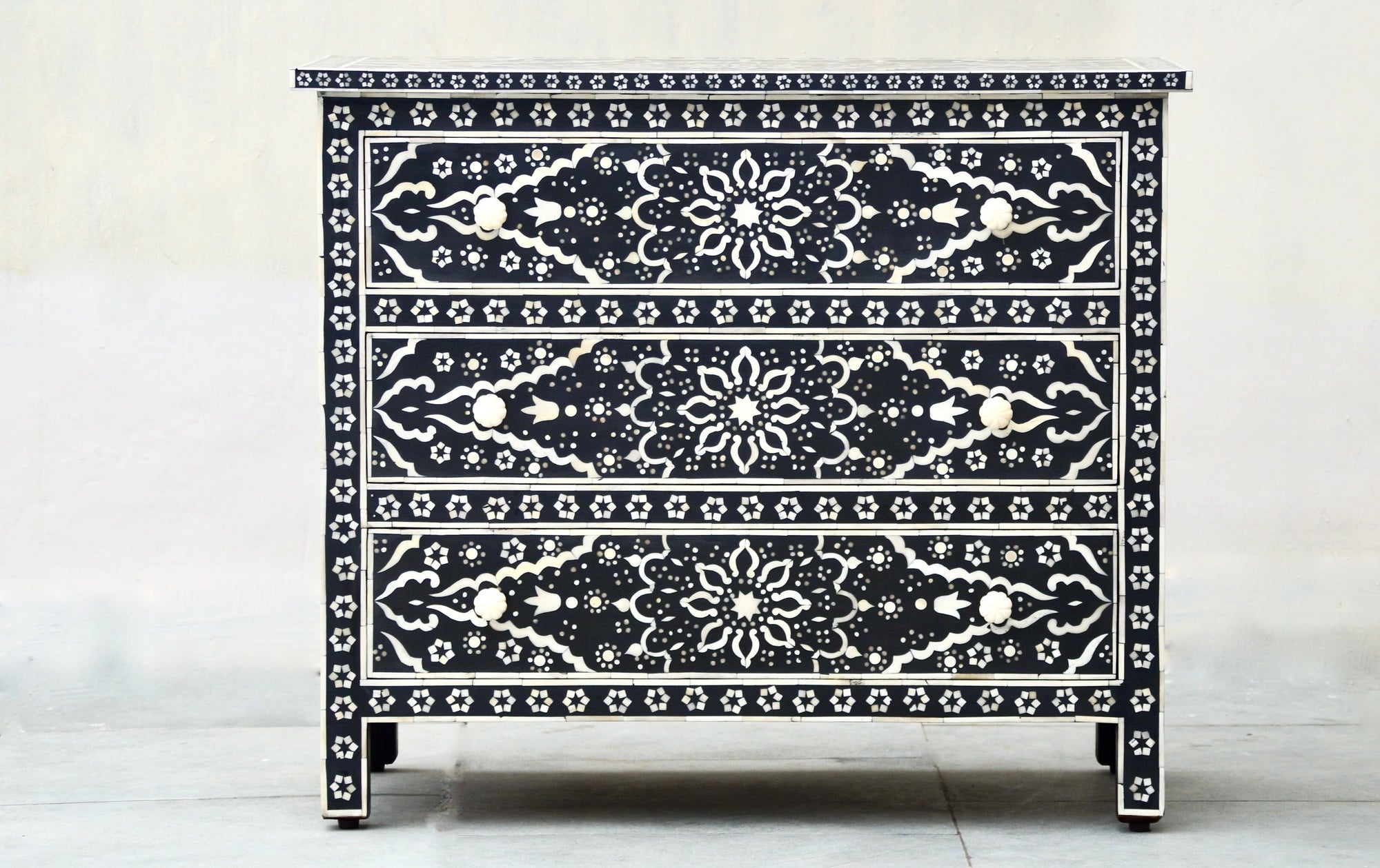 Bone Inlay 3 Drawers Chest - Black Star Floral