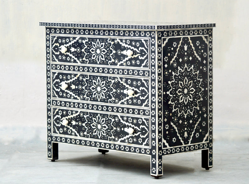 Bone Inlay 3 Drawers Chest - Black Star Floral