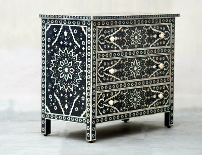 Bone Inlay 3 Drawers Chest - Black Star Floral