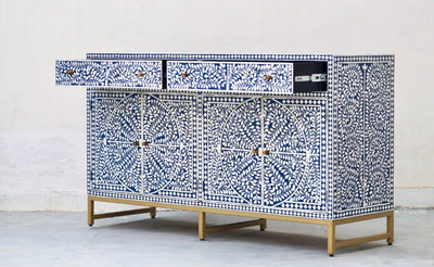 Bone Inlay Sideboard - Navy Blue Scroll Vine